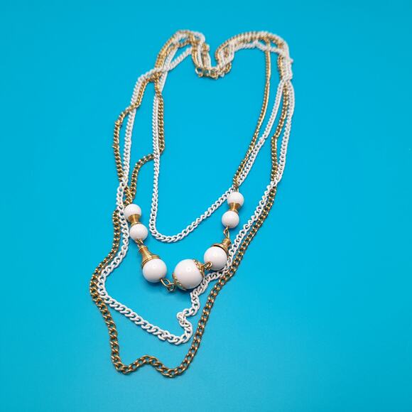 Vintage White Enamel Gold Tone Chain Necklace, Glass Beads, 4 Strands, 18" - Picture 8 of 9